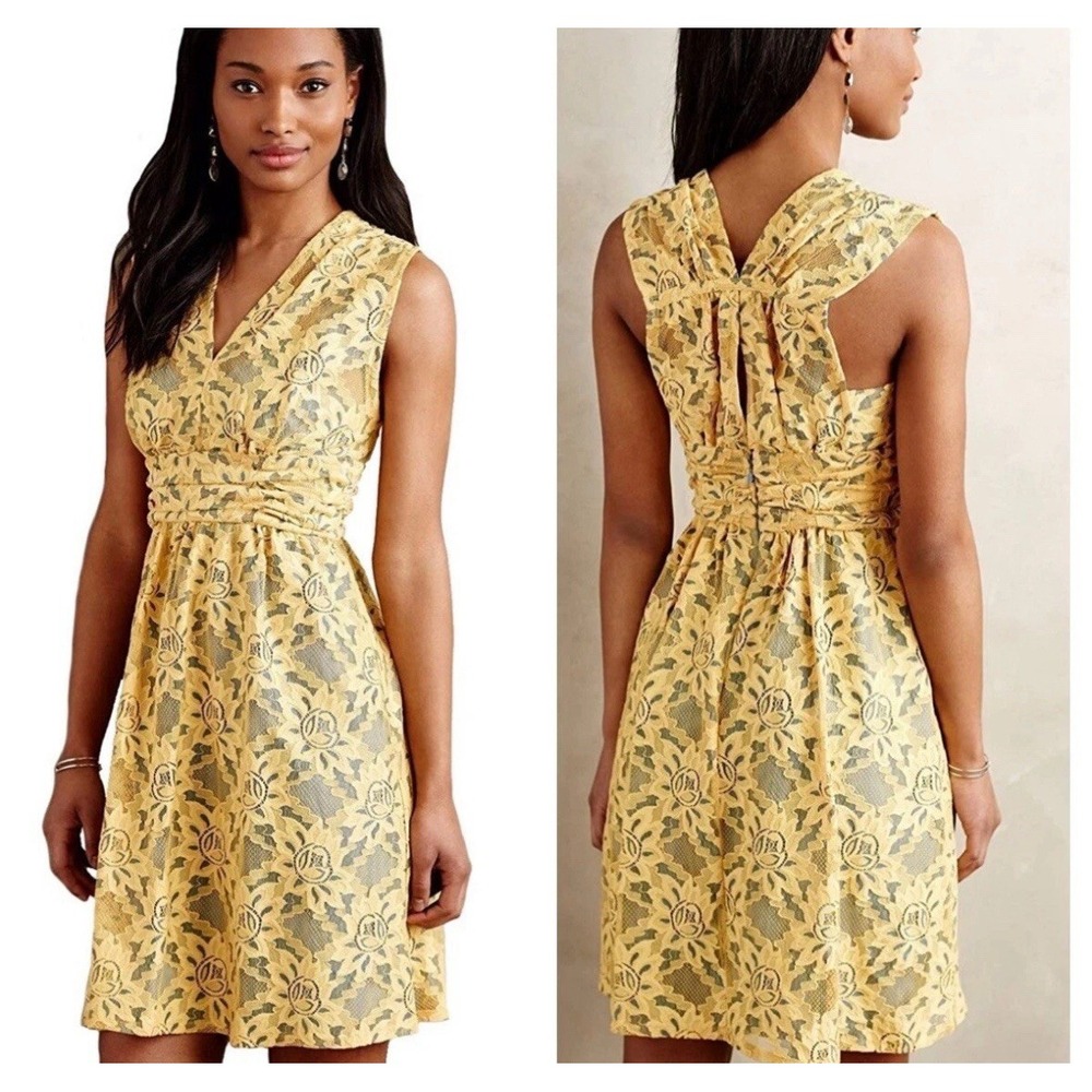 Plenty By Tracy Reese Lattice Lace Yellow Dress With Slip Size 6 Fit Flare